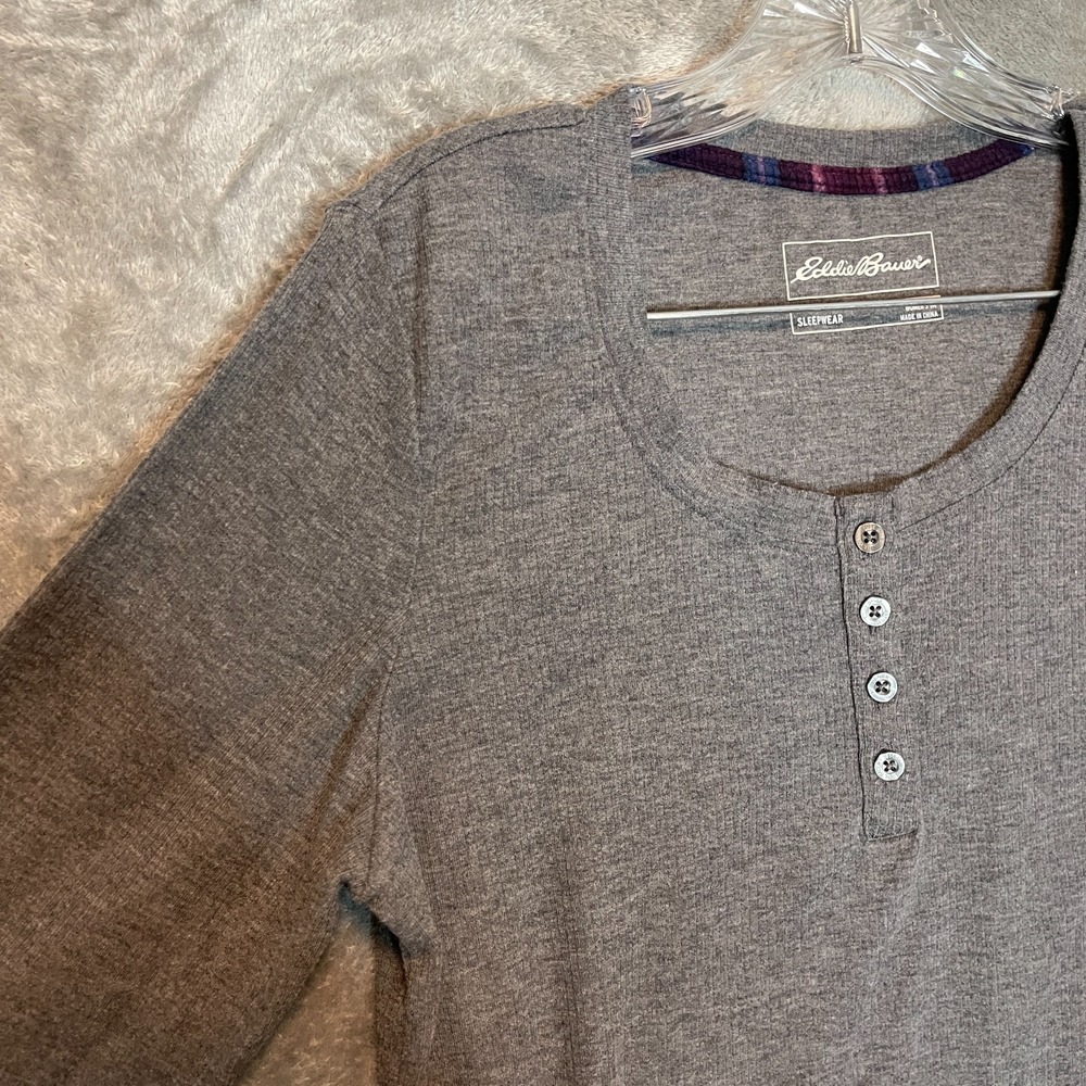 Eddie Bauer Women Classic Ribbed Henley Long Sleeve Sleepwear Top M Gray